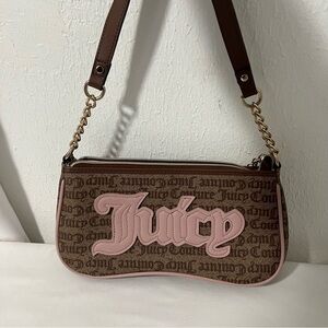Juicy Couture Women Shoulder Bag Purse Chestnut/Pink Gold Dangle All Over Print